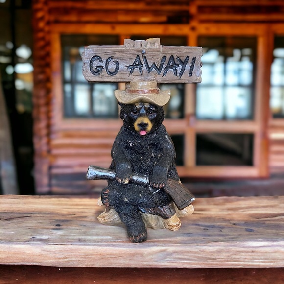 Grumpy Bear Figurine holding a gun wearing a hat under a GO AWAY sign - Picture 1 of 6